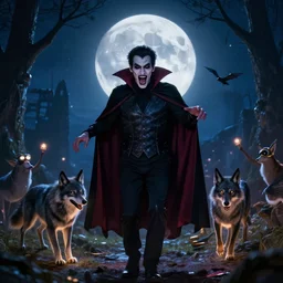 Surprise in moonlight, vampire, werewolf, glowing busy, exciting, dream realistic