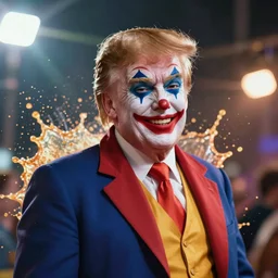 donald trump as a joker - clown! in gears of war, splash art, movie still, cinematic lighting, ray tracing, detailed trump joker - clown face!, octane render, long lens, shallow depth of field, bokeh, anamorphic lens flare, 8 k, hyper detailed, 3 5 mm film grain