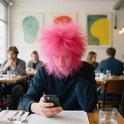 person with mobile phone chill in restaurant, color and shape focus, natural light, bloom, puff, by simon stalenhag and karl gerstner and peter elson