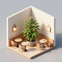 hand - drawn minimalistic interior design of cannabis pot plant cafe, isometric, fun cute art