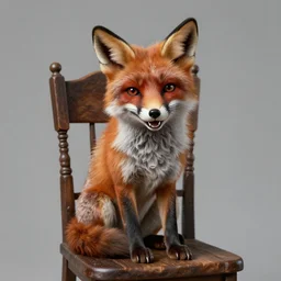 poorly taxidermied fox sitting on a chair, cursed, smiling, highly detailed, photorealistic