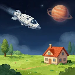 a spaceship on a field next to a house, on an alien planet, from a space themed point and click 2 d graphic adventure game, art inspired by thomas kinkade