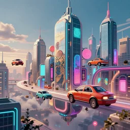 high - tech city of the future. floating cars. neon signs in the style of gustav klimt. urban dream. trending on artstation