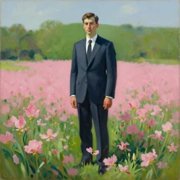 man in suit standing in the pink flowerfield, by edward hopper, hyperrealism oil painting