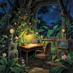 Small desk at night with desklamp inside a steampunk machine room with lush vegetation growing around the machines, tropical trees, large leaves, flowers, beautiful starry night sky showing thought the windows, beatifully lit, very detailed painting, vintage science fiction illustration, Studio Ghibli, Rebecca Guay