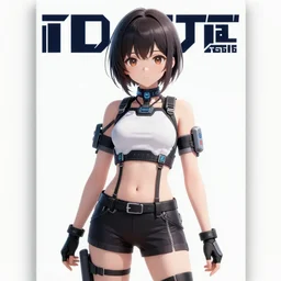 poster art of anime girl with cyberpunk style outfit, cute face, pretty, Anime, posing with a gun by Valorant and Julia Yurtsev, Fierce expression 4k, 8k, HDR, Trending on artstation, Behance, Pinterest