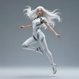 android women jumping, scifi, futuristic design, bae suzy, long white hair, character design, cinematic lighting, highly detailed, by beeple, goro fujita, smooth gradient.