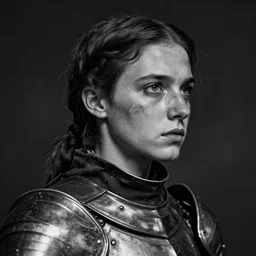 close portrait of a young joan of arc in armor, with a dirty and sweaty face, looking forward with a determined expression, in profile, realistic shaded, dramatic lighting, concept art, black - and - white, hyper detailed, trending on artstation, by christophe young, by wlop, by greg rutkowski, by raymond swanland