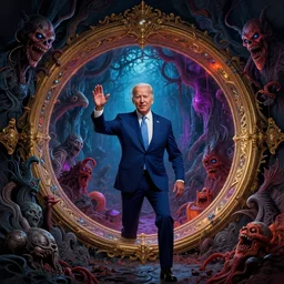 Joe Biden opens the unspoken portal, ushering in 10,000 years of darkness, evil, chaos, ornate, horror, detailed, colorful