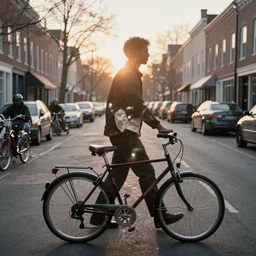 multiple bikes in the shape of a large person walking down the streets of philadelphia at dawn, analog film 8k, movie still