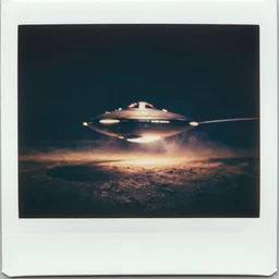 a ufo flying at night, blurry photo, historical photo, old polaroid, expired film,