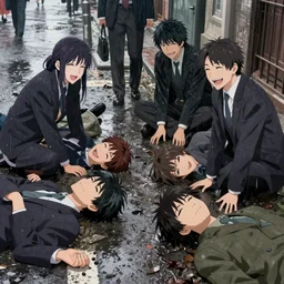 politicians laughing at poor people laying in the gutter on dirty city street by wlop, kiyohara tama, krenz cushart, masamune shirow, makoto shinkai. rainy weather. featured on pixiv, anime aesthetic, pixiv, anime, warm aesthetic, cold tones, artstation, vanitas, official art, gothic, noise film photo. detailed faces