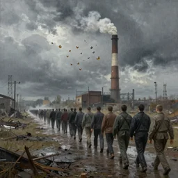 a long column of prisoners wonder through a bombed out industrial park; grey skies , rain , a cloud of butterflies floats around a smokestack. painting , realism,