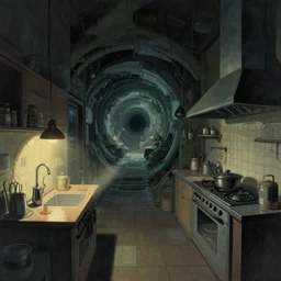 naive nerikomi, weird perspective, extra narrow, detailed illustration of a kitchen dim lit by flashlight in a scenic spiral environment by shin hanga, trending artstation, sci - fi art