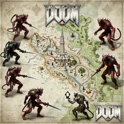 highly detailed illustration of a map in Doom eternal, demons