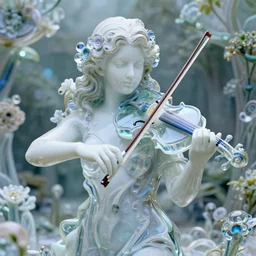 an marble statue, with clear porcelain skin and blue eyes, playing a violin made of glass, beautiful violin, refraction, fractal flowery hair and slender hands, in a fractal garden, unreal engine, 8 k render, beautiful, full frame,