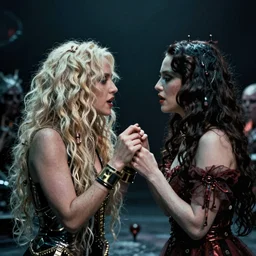film still of kesha talking passionately with lana del rey in cosmic horror! the musical by david cronenberg, horror sci fi, 3 5 mm film, atmospheric, ultra fine detail, film grain, photorealistic, hyperrealistic dramatic lighting