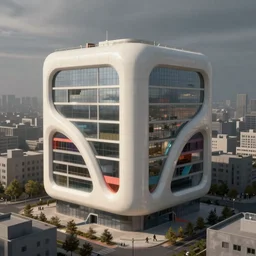 architectural visualization by hugh ferriss of a cubic high tech solarpunk building with smooth flowing sci - fi streamlined cuts on the facade, off white with colorful cuts designed by selgascano, standing out within a grey urban area in background