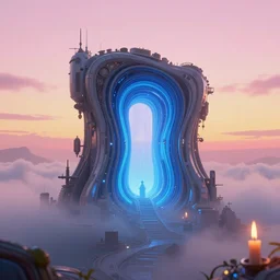 futuristic fantasy with chrono distortions and blue portal, at gentle dawn pink - yellow light, intricate detail, volumetric lighting, epic composition, hyper detailed, ultra realistic, sharp focus, octane render, candle volumetric, ray tracing, artstation trending, cgsociety, sense of awe, swirling mist, 4 k