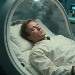 a close-up of Ripley sleeping inside an all-white cryogenic sleep chamber by Ridley Scott, Alien movie, grainy, steamy, moody, bluish and cream tones