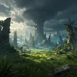 landscape by buckminster fuller, atlantis forest sunlight retrowave meadow nightvision bioshock cloudy vice city crystal sci - fi extraterrestial matte painting galactic universe apocalyptic cgsociety at dusk tokyo reclaimed by nature, archdaily, wallpaper, highly detailed, trending on artstation.