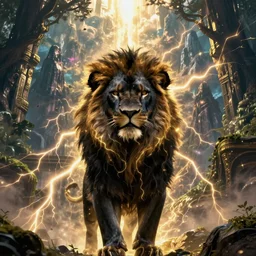 black lion's god looking at you, black fur with gold lightnings surrounded by epic ancient huge forest and mountains, colossal scale, cinematic shot, vibrant colors, photorealism, epic, octane render by Evgeniy Antonenkov and James Jean