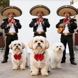 a cream-colored Havanese shih tzu dogs dressed as mariachi musicians playing in a mariachi dog band, at fiesta in Mexico, Leica 35mm, 4K