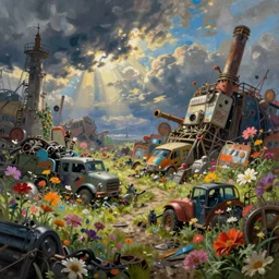 a dystopic junkyard, detailed painting, overgrown with flowers, art by Sachin Teng, beautiful lush colors
