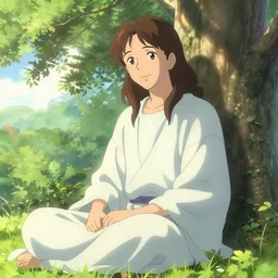 photorealistic Jesus meets a beautiful smiling photorealistic Jesus sitting under a tree, anime key visual, digital art, anime screenshot, kyoto animation, makoto shinkai, trending on artstation