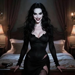 gorgeous helena bonham carter, evil dead movie, full body shot, torn black dress, evil smile, spooky, illustration, symmetrical face realistic symmetrical eyes, bedroom setting, cinematic lighting, gerald brom, artgerm, hyperdetailed, charlie bowater, beautiful, elegant