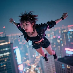 punk girl flying in the sky above a city, cyberpunk, neon, very detailed, soft lights, depth of field, heavy grain