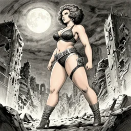 realistic, elegant, intricate detail, plus size, thicc, scarlett johansson, afro samurai anime style, full body profile, dynamic wide angle lens, manga style, by greg rutkowski, pencil and ink, full moon lighting, fully clothed, hot pants, in a post apocalyptic city, dramatic lighting,