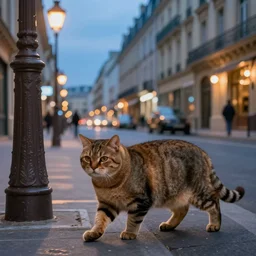brown and fat cat is walking at street in early 2 0 th century paris. street lights. evening. warm atmosphere. epic scene. blue vivid colours. 4 k, hyperdetailed. realism