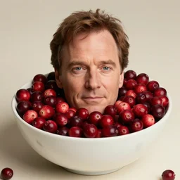 tiny bryan cranston's body is a bowl of cranberries, head submerged in cranberries, natural light, sharp, detailed face, magazine, press, photo, steve mccurry, david lazar, canon, nikon, focus
