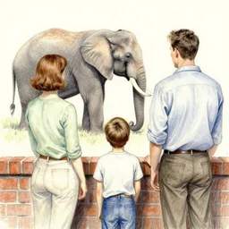 rear view of a young boy standing between his mom and dad, a short brick wall separates them from an elephant, watercolor and pencil by norman rockwell
