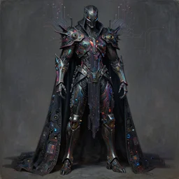 dark cyborg armour cloak entity made of intricate extremely complex circuitry and microchips, iridescent, warrior assassin, black body, colorful, intricate linework, gothic baroque, intimidating athletic, magical, realistic oil painting, artstation, rutkowski, wlop, chebokha, artgerm