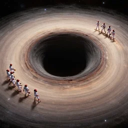 a black hole with a baseball team on the accretion disk, epic scale, ultra detailed, cosmic, 4 k, super sharp.