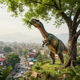 dinosaur eating tree in kathmandu city, entire city visible, cinematic, day time, spring season, greenary, traffic visible, people visible, detailed, high quality, dynamic lightning, fantasy, scenematic. artwork