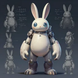 character design sheet of a giant humanoid space rabbit.