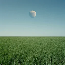 green grassy field, single planet in the sky, daylight, cinematic perspective, by Syd Mead, John Harris, Federico Pelat