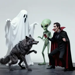 a ghost, an alien, a werewolf and a vampire playing together, lowbrow, surealistic, hd