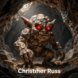 a goblin made out of rocks, with glowing red eyes, in a cave, like mtg, by christopher rush