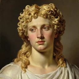 PORTRAIT Painting of a blond male Venus Apollo. LONG CURLY blond hair. Sharp angular face high cheekbones hooked nose. Art by william adolphe bouguereau. During golden hour. Extremely detailed. Beautiful. 4K. Award winning.