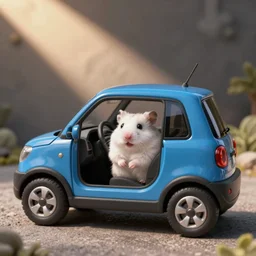driving white hamster at the wheel of a little blue qashqai with open windows