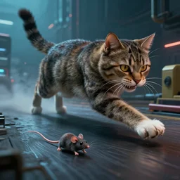 🐱 a big cat chases down × a live mouse 🐭! by mark ryden in cyberpunk environment, 4 k ultra high resolution, horror, long camera shot