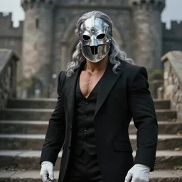 portrait painting of a 3 0 years old rugged masculine muscular male, wearing a silver full - covered iron mask, silver wavy long hair, black suit, white gloves ， background is castle and steps unreal render cinematic lighting art 1 9 2 0 period drama by bussiere rutkowski andreas rocha