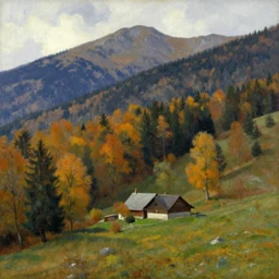 an alpine landscape with a cottage, dense trees, fall, by edward hopper, new artstation artist,