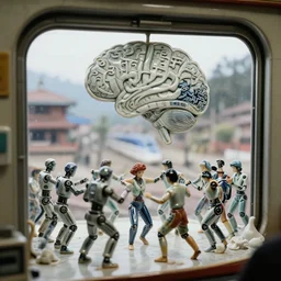 fuji gfx, wide lens ; beautiful hyperrealistic film still from nepal movie of cyborg lab dance scene directed by microplastics in style of 1 9 9 0 s frontiers in miniature porcelain deep emboss macro design architectural art studio seinen manga closeup portrait edition, real - life shinkansen window landscape view of porcelain wired devanagari brain map sign, highly detailed, tilt shift background