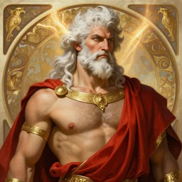 painted portrait of rugged zeus, god of thunder, greek god, white hair, masculine, mature, handsome, upper body, red and gold, burly, muscular, hairy torso, fantasy, intricate, elegant, highly detailed, digital painting, artstation, concept art, smooth, sharp focus, illustration, art by gaston bussiere and alphonse mucha