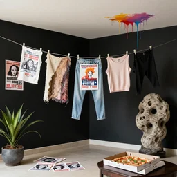 photograph of a queer woman's clothes drying in a luxury apartment, art supplies, propaganda leaflets, a large zen stone sculpture, paint dripping from ceiling, black walls, bromeliad, empty vegan pizza box